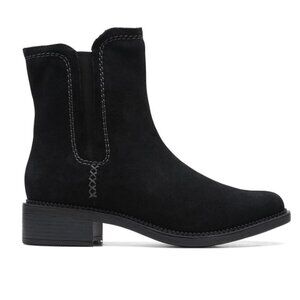 Clarks Maye Zip Ankle Boots Black Suede 7.5 NWT Block Heel - NEW WITH BOX
